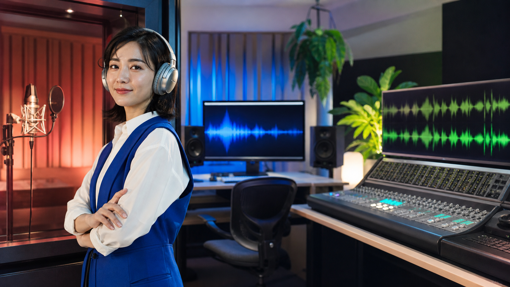 録音ブースと音声波形を前に、音声生成AIの用途を案内する女性エンジニア