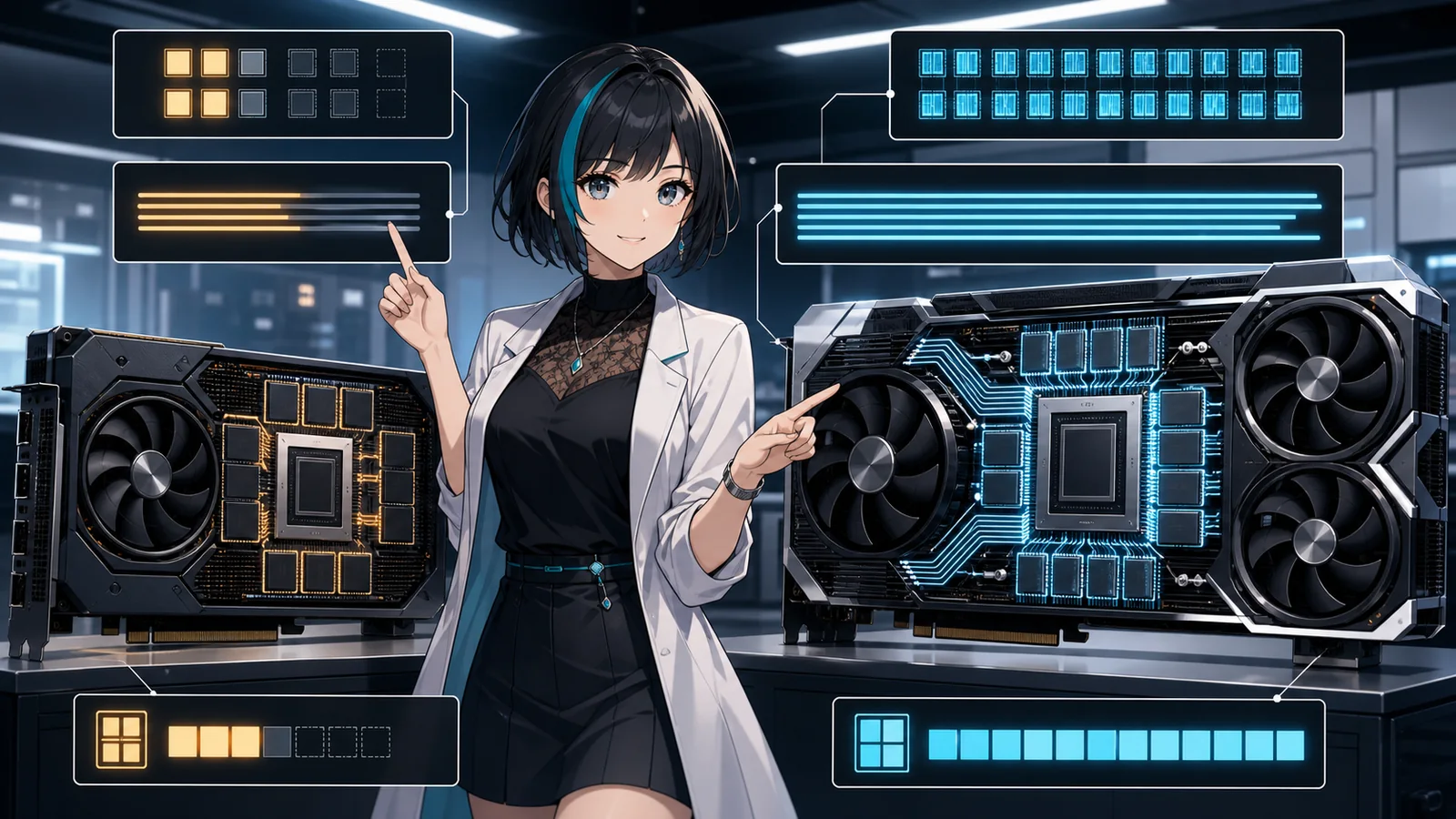 RTX 5090世代とRTX 4090世代の計算資源、メモリ、帯域を比較する女性技術者のイメージ